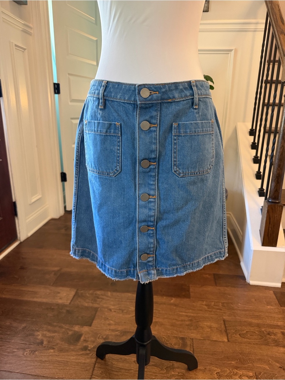 LOFT EUC Distressed Blue Denim Button-Down Pencil Skirt